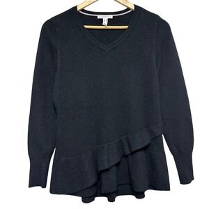 Isaac Mizrahi Live 100% Cashmere‎ Ruffle Peplum Sweater Womens XS Black Luxury